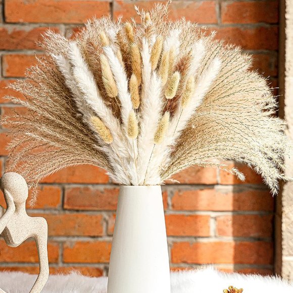 NEW 100 Pcs 17" Fluffy Neutral Pampas Grass Boho Home Decor Mixed Dried Bouquet - Picture 2 of 5